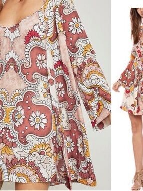 2 piece BCBGMaxAzria Paisley Print Swing Dress in Tan, Yellow & Red. 2 piece SET